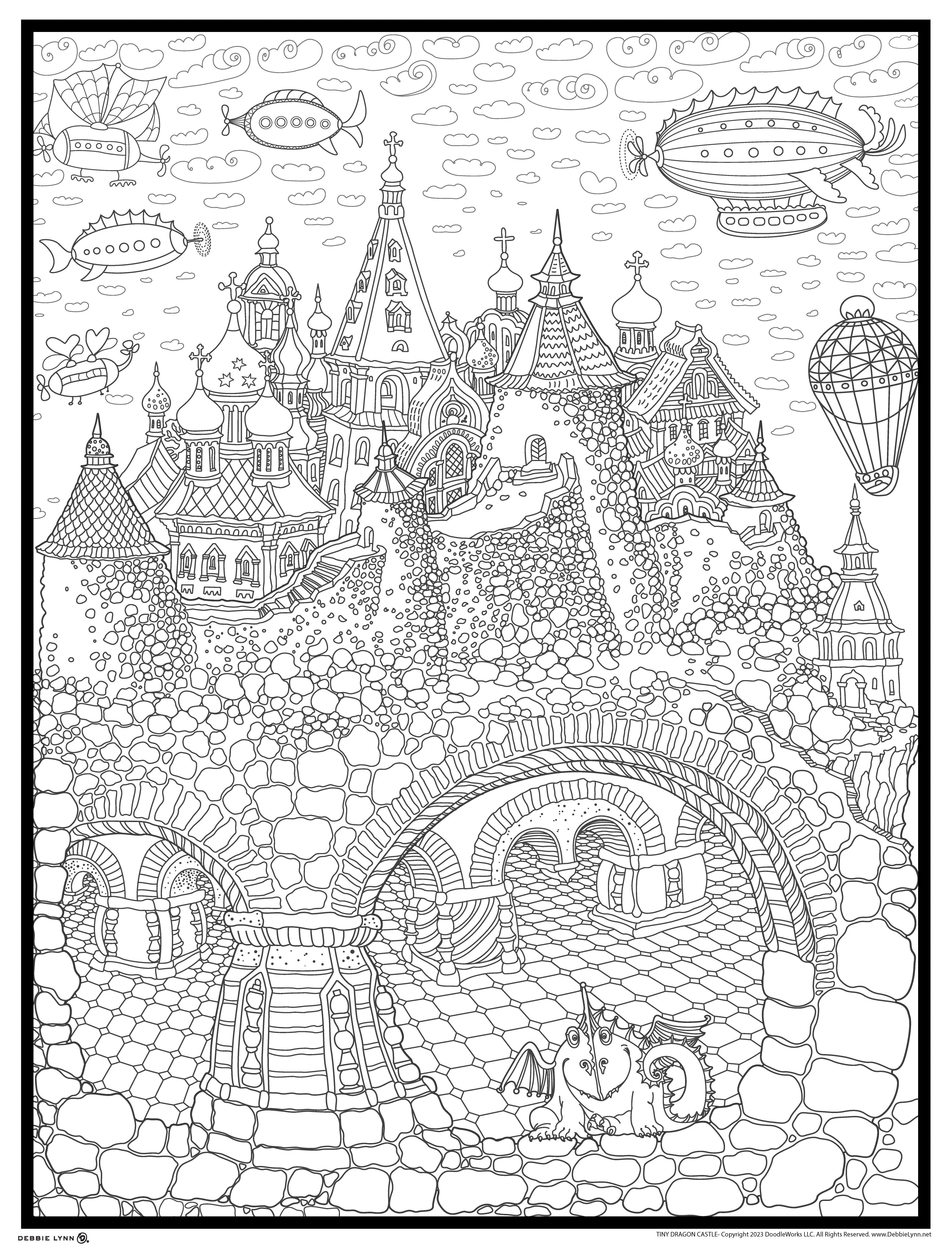 Dragon Castle Fuzzy Coloring Poster - For Kids and Adults - Stuff2Color