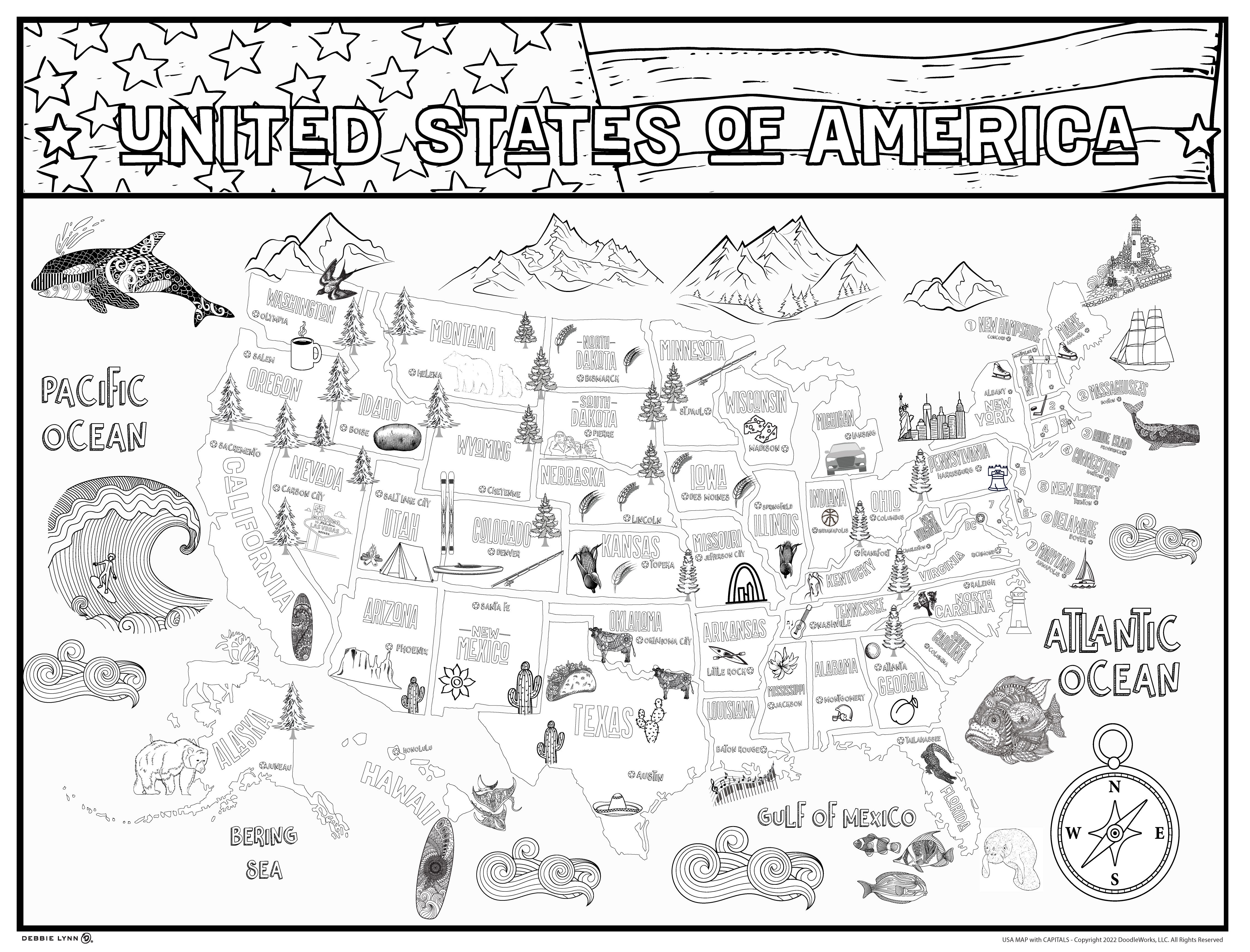 US Map With Capitols Personalized Giant Coloring Poster 48x63